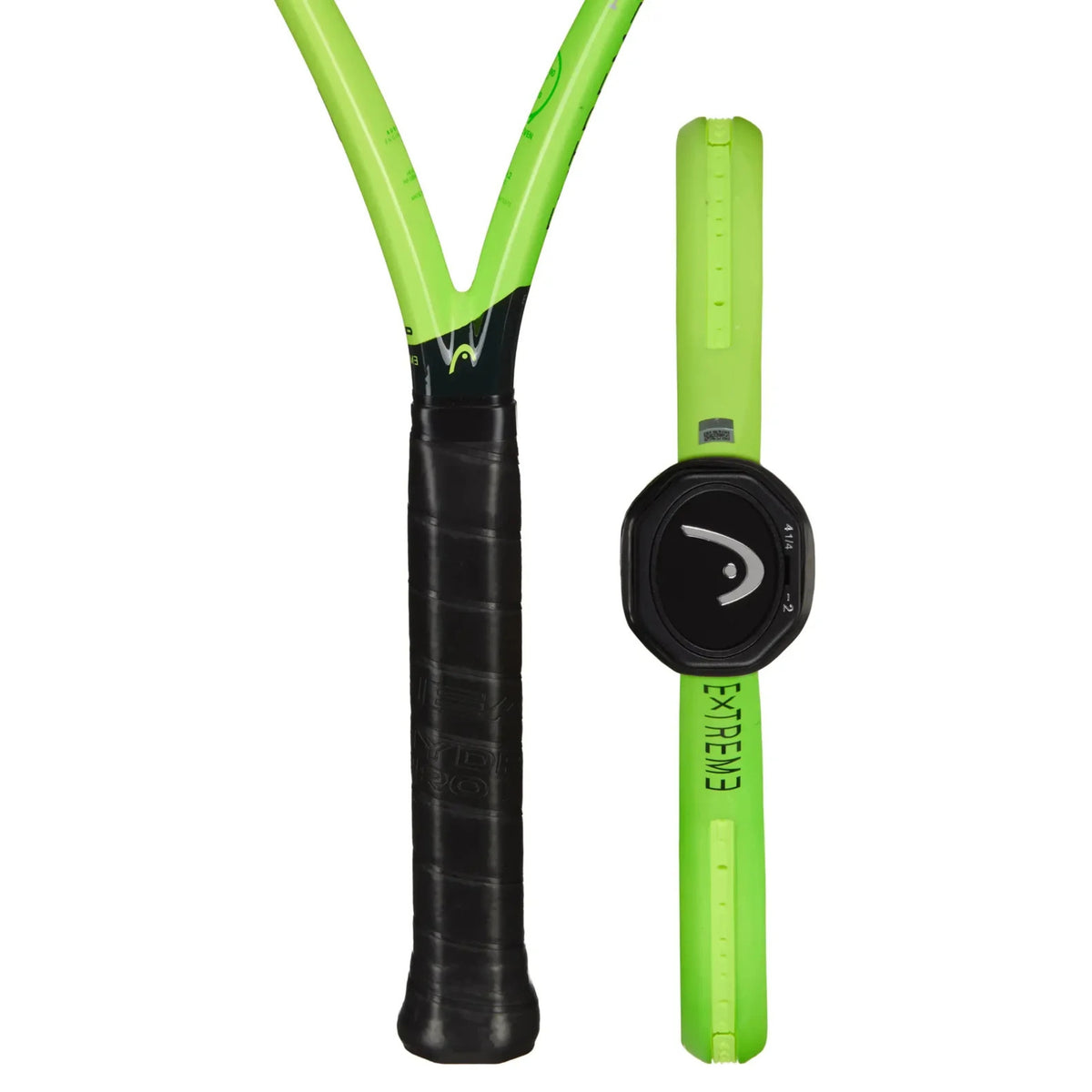 A Head tennis racket with a bright lime green frame and black grip, shown next to a matching lime green smartwatch band with a black round watch face. The word 'EXTREME' is visible on the band.