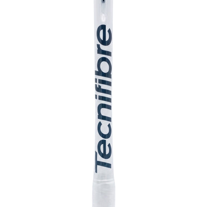 A close-up of a Tecnifibre squash racket shaft, showing the brand name printed vertically in dark blue on a white carbon-fibre textured surface, set against a plain white background.