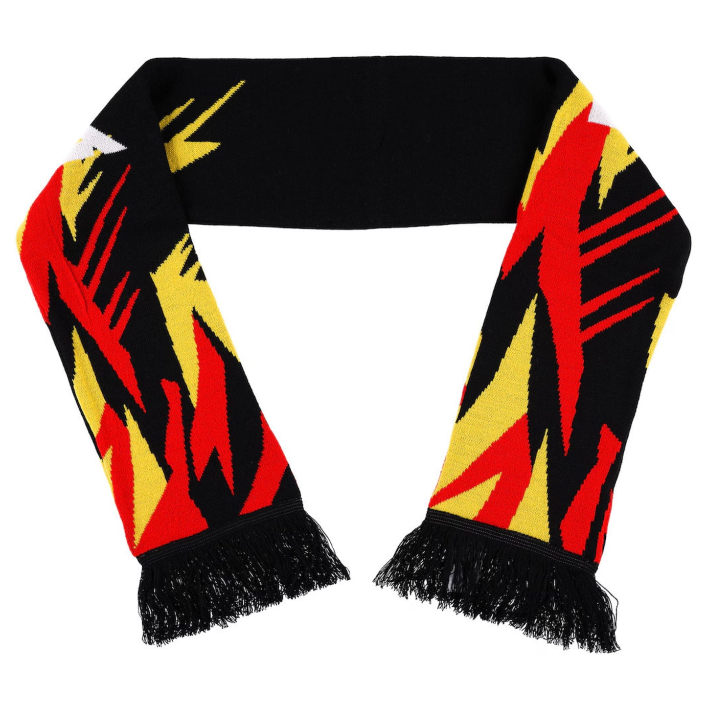 Scarf with black, red, and yellow abstract pattern on a white background