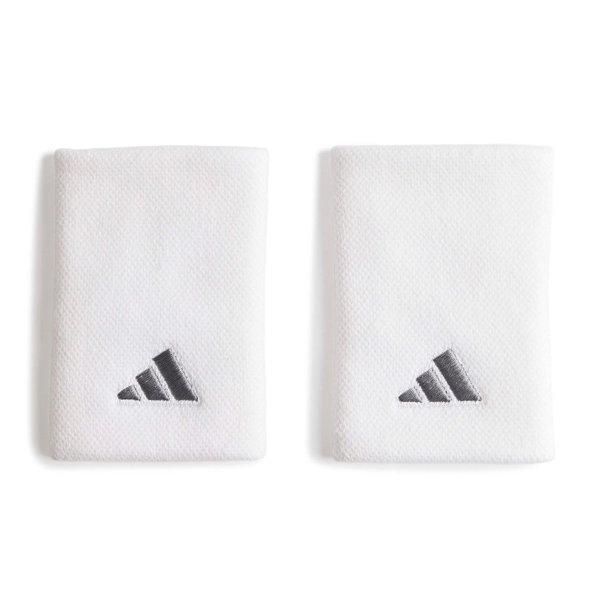Two white Adidas wristbands with the classic three-bar logo in dark gray, displayed side-by-side on a clean white background.