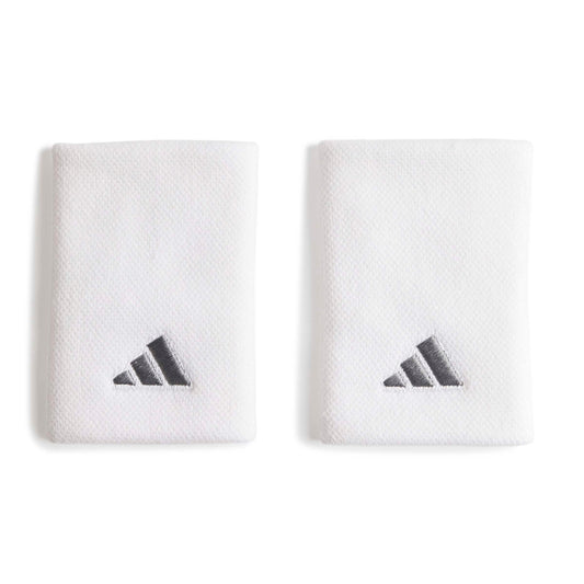 Two white Adidas wristbands with the classic three-bar logo in dark gray, displayed side-by-side on a clean white background.