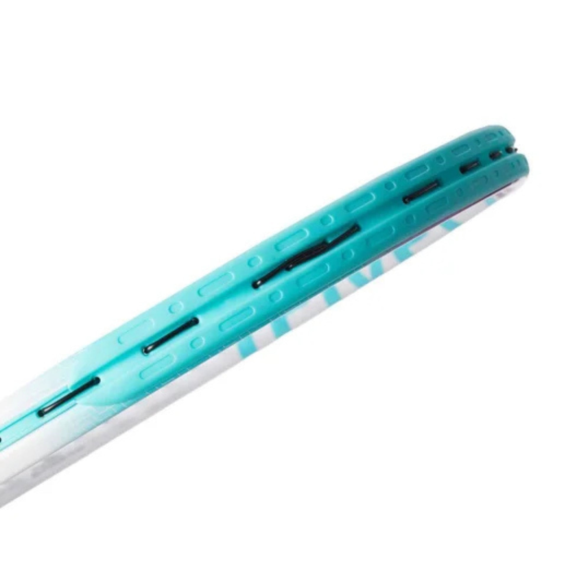 Teal and white tennis racket frame on a white background