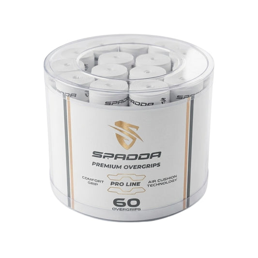 Spadda premium overgrips container with 60 overgrips on a white background