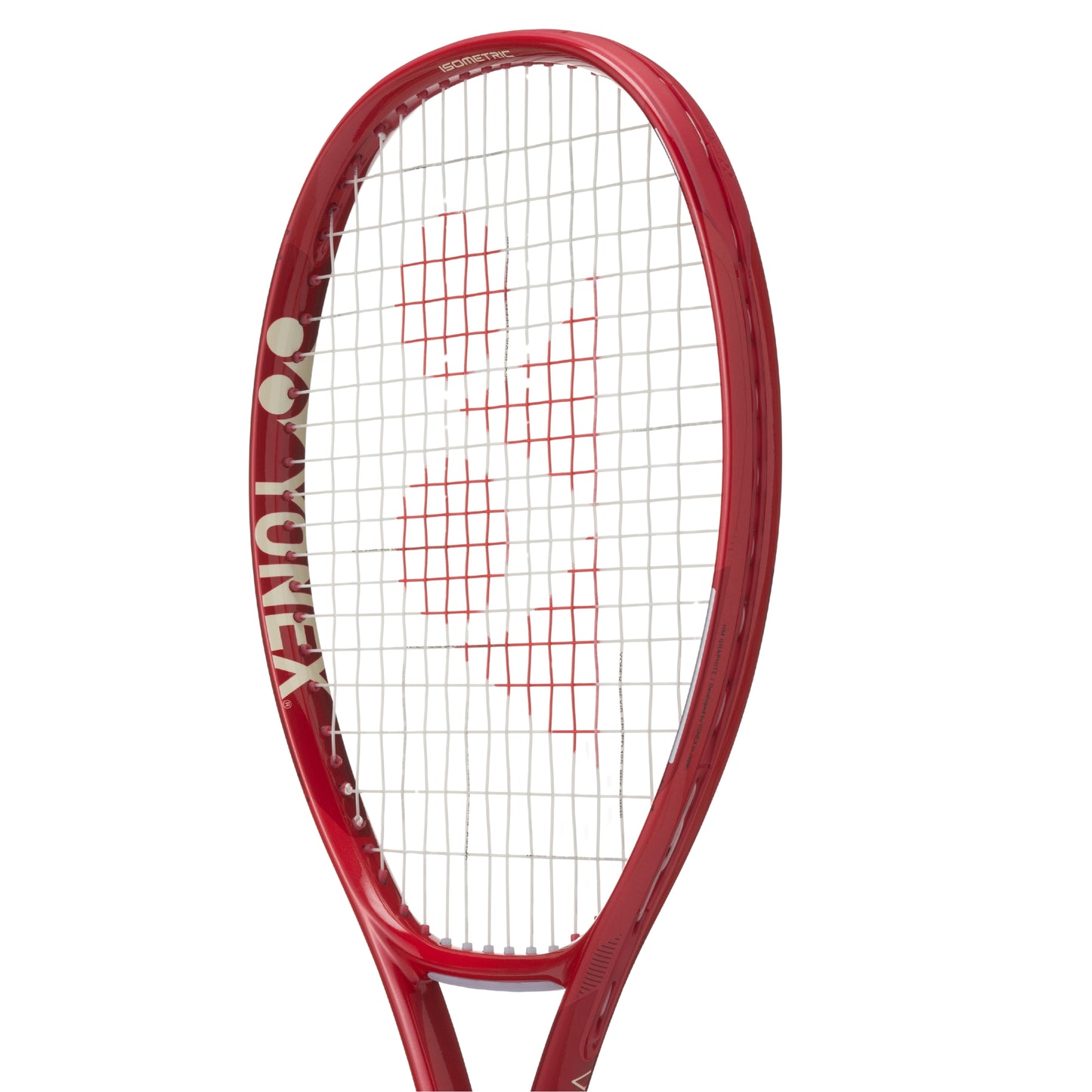 Red Yonex tennis racket on a white background