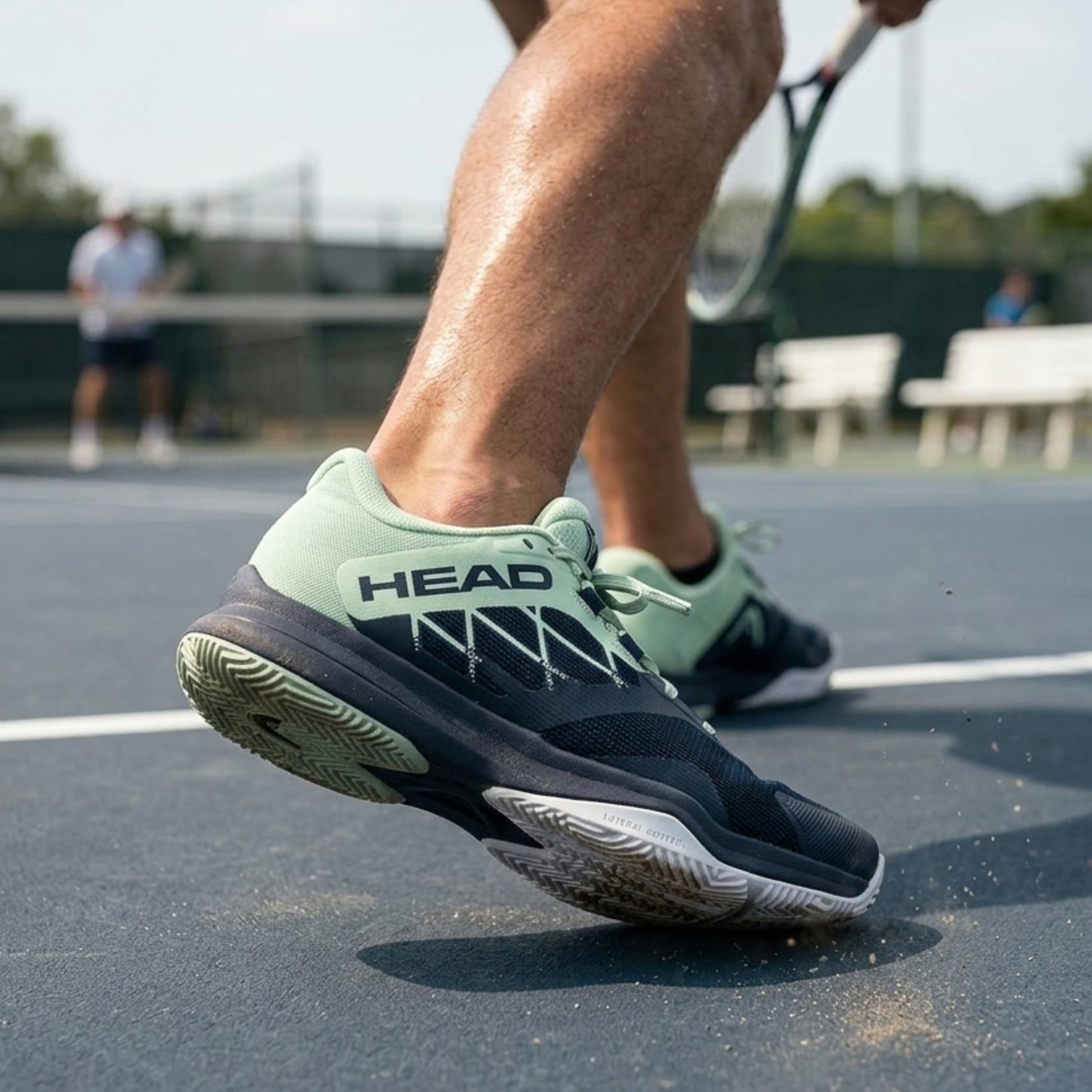 Padel player wearing HEAD shoes on a padel court