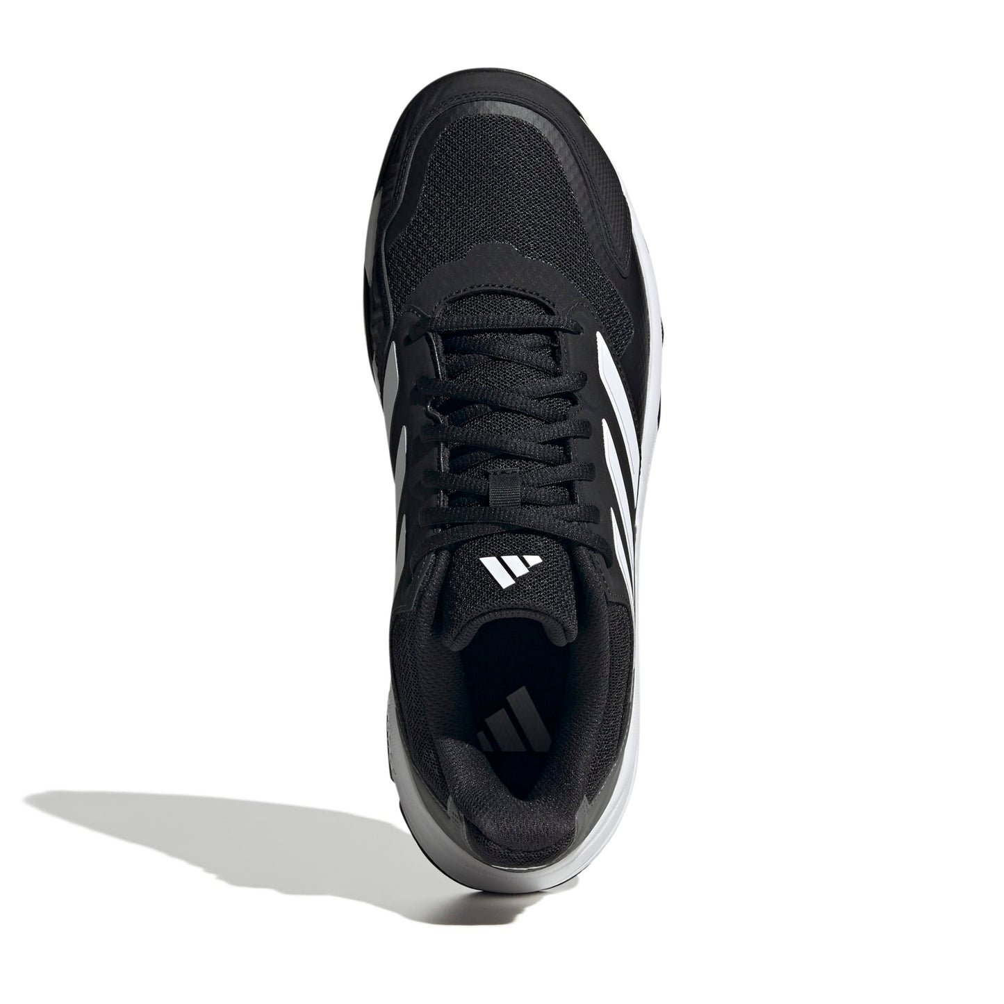 A black Adidas tennis shoe shown from a top-down angle on a white background, featuring the signature three stripes and white Adidas logo on the side and tongue.
