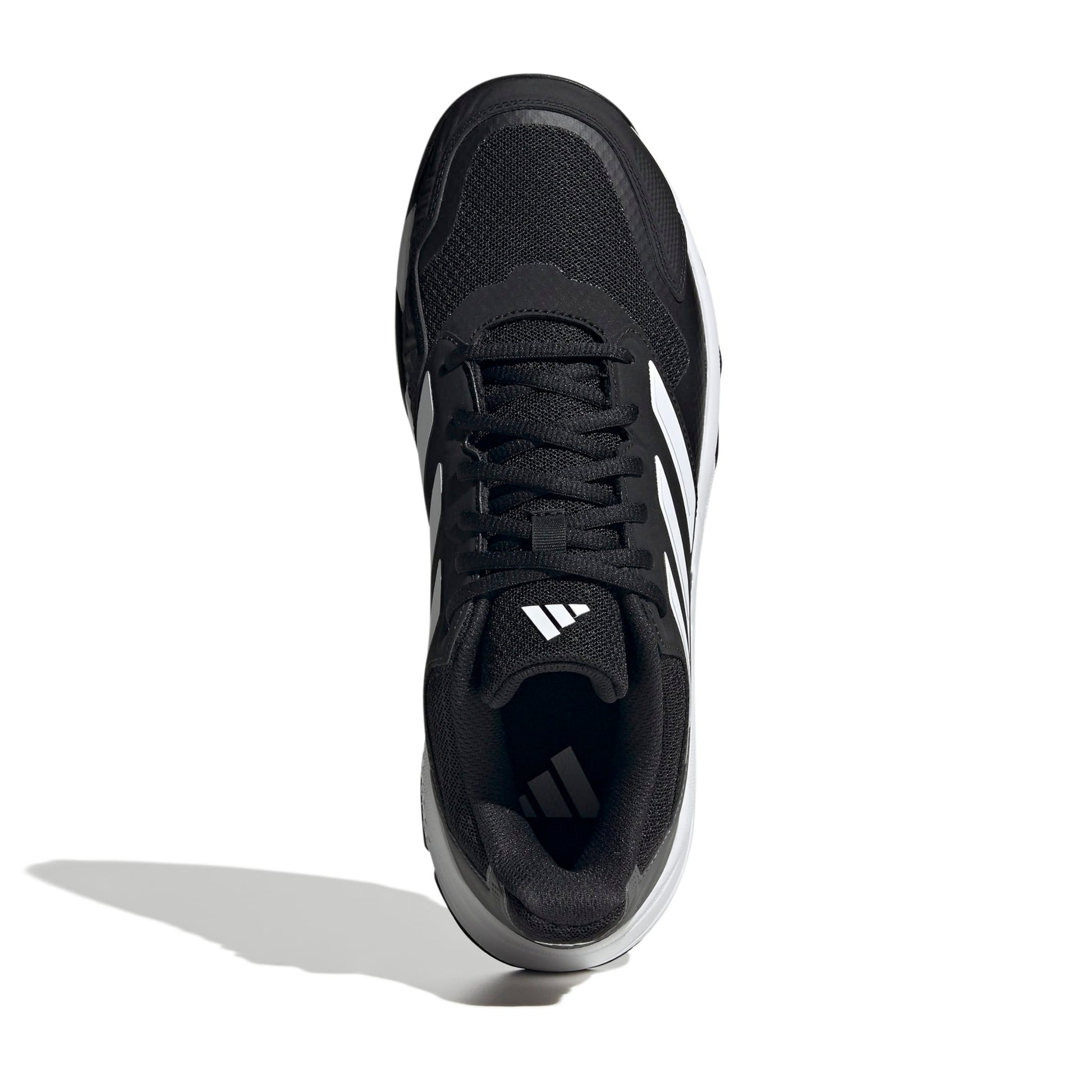 A black Adidas tennis shoe shown from a top-down angle on a white background, featuring the signature three stripes and white Adidas logo on the side and tongue.
