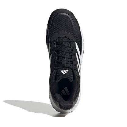 A black Adidas tennis shoe shown from a top-down angle on a white background, featuring the signature three stripes and white Adidas logo on the side and tongue.