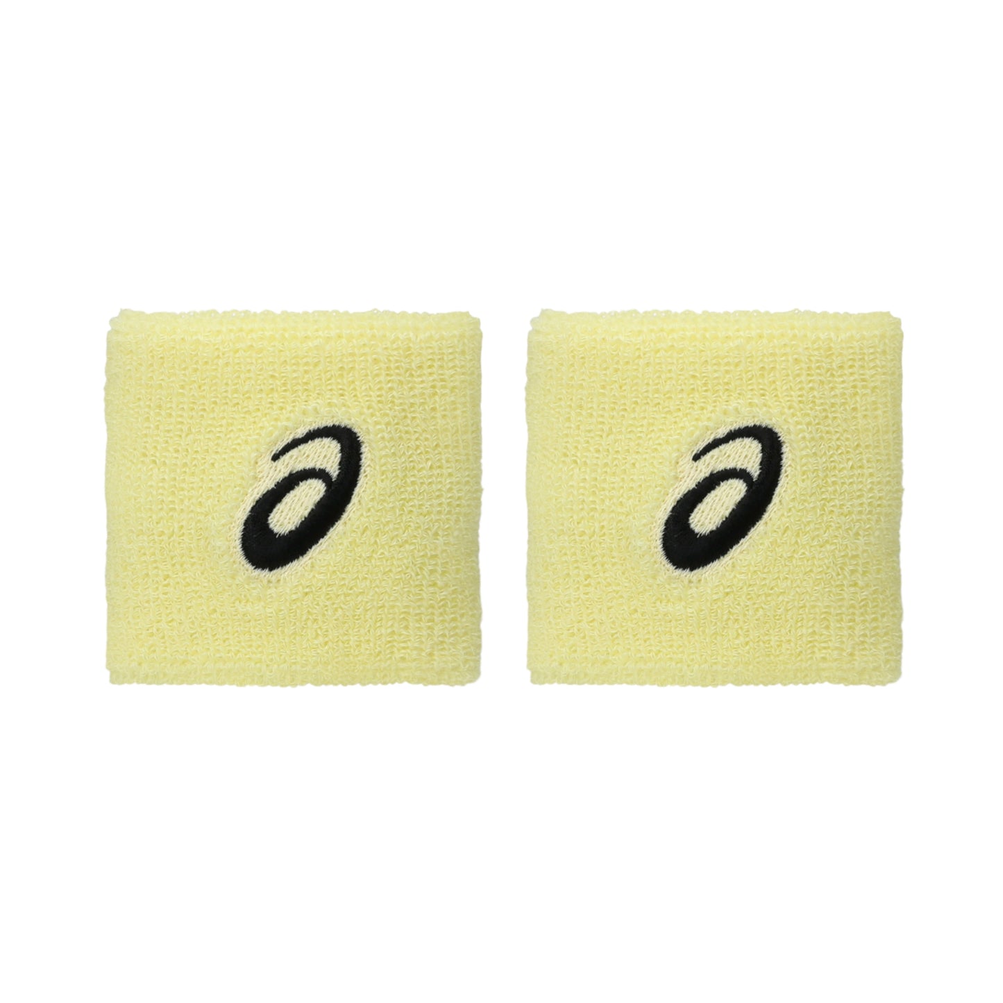 Two yellow wristbands with black logo on a white background