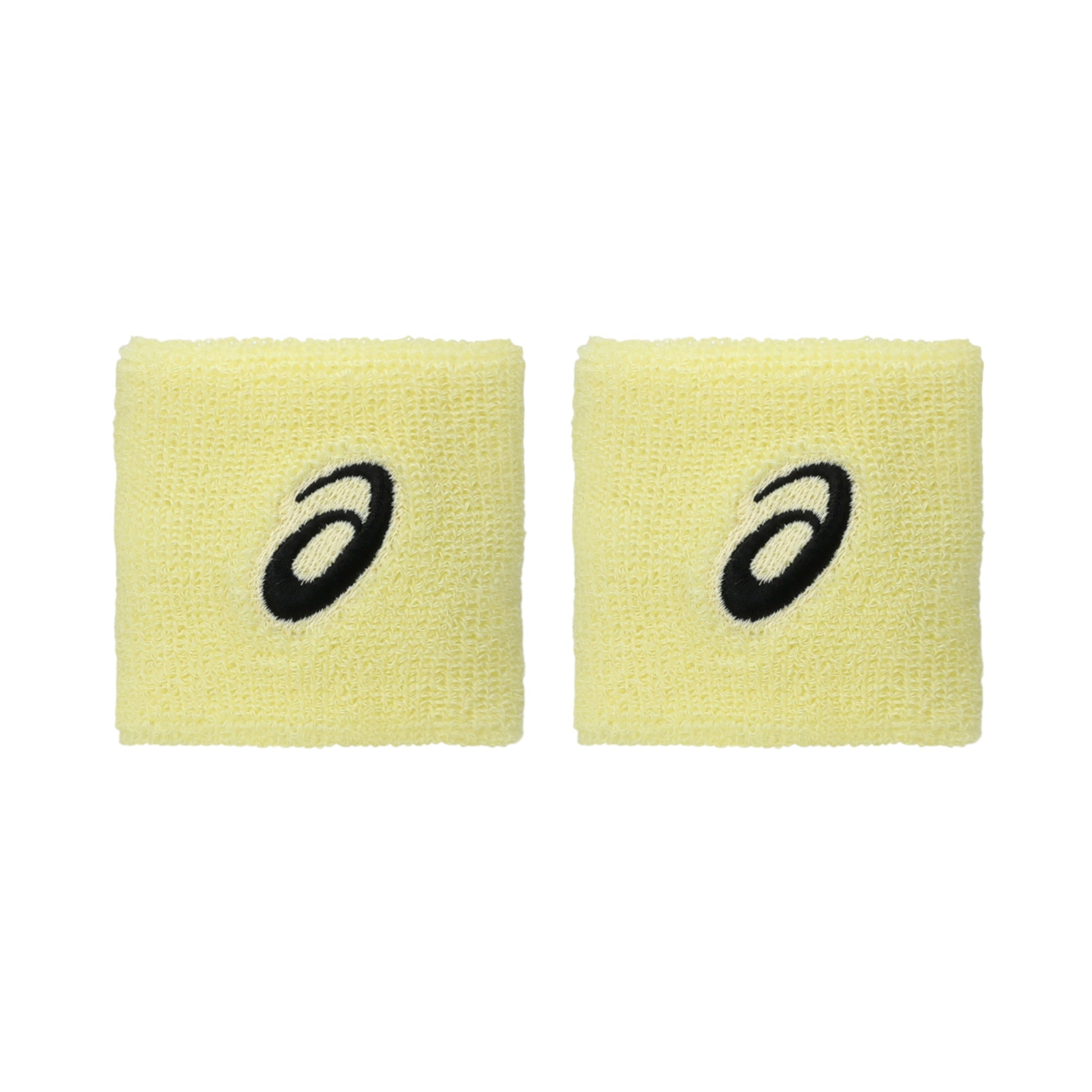 Two yellow wristbands with black logo on a white background