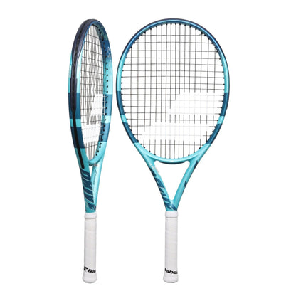 Two angles of the Babolat  blue and white tennis rackets with Babolat branding on a white background