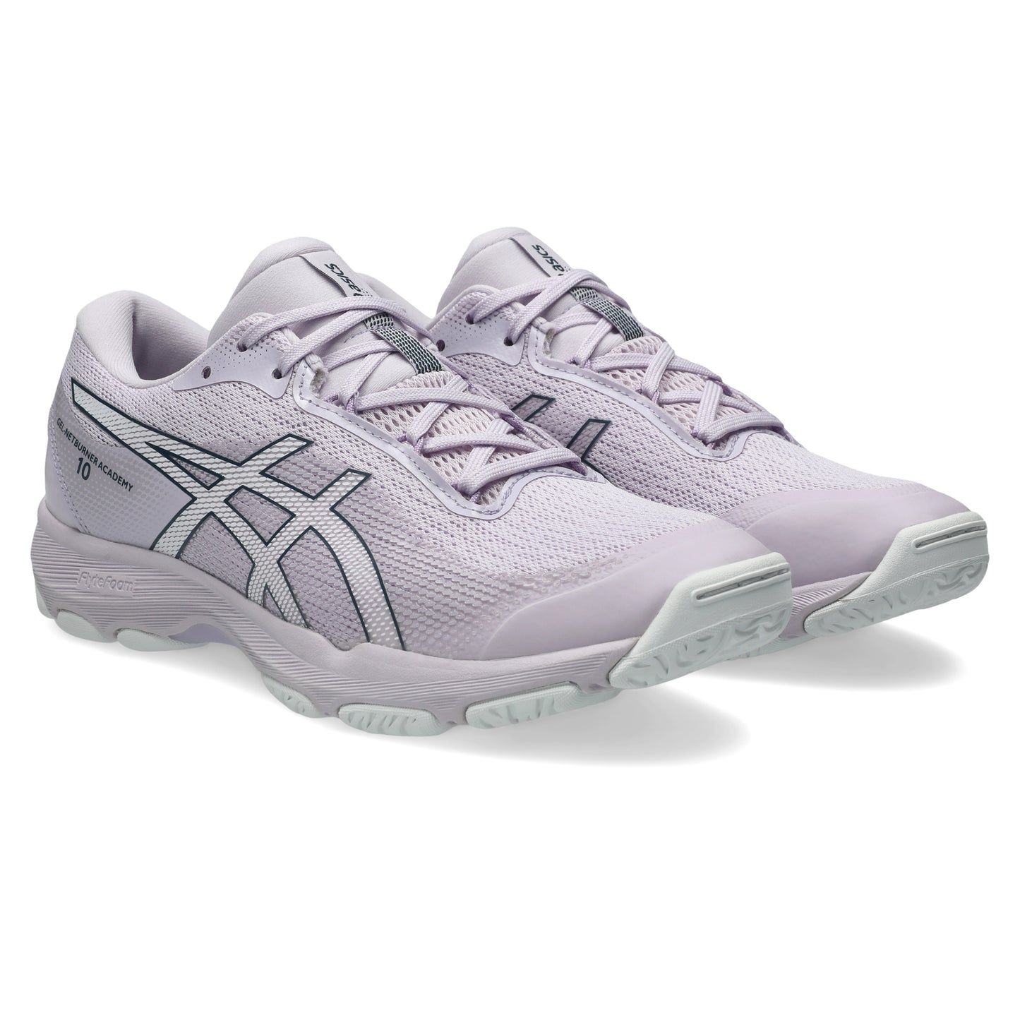 Light pink Asics shoes with black accents on a white background