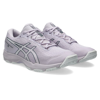 Light pink Asics shoes with black accents on a white background