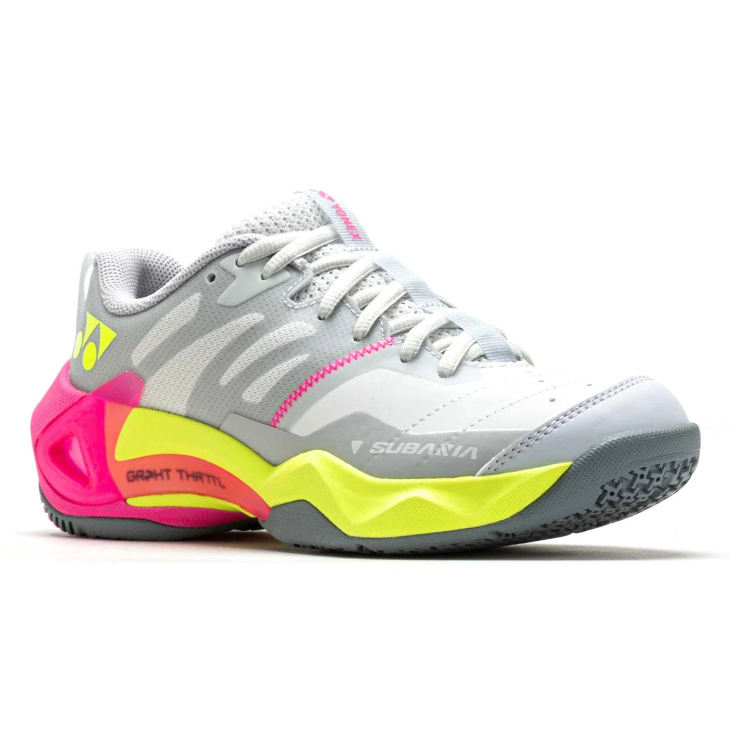 Gray Yonex athletic shoe with pink and yellow accents on a white background