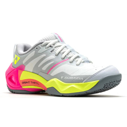 Gray Yonex athletic shoe with pink and yellow accents on a white background
