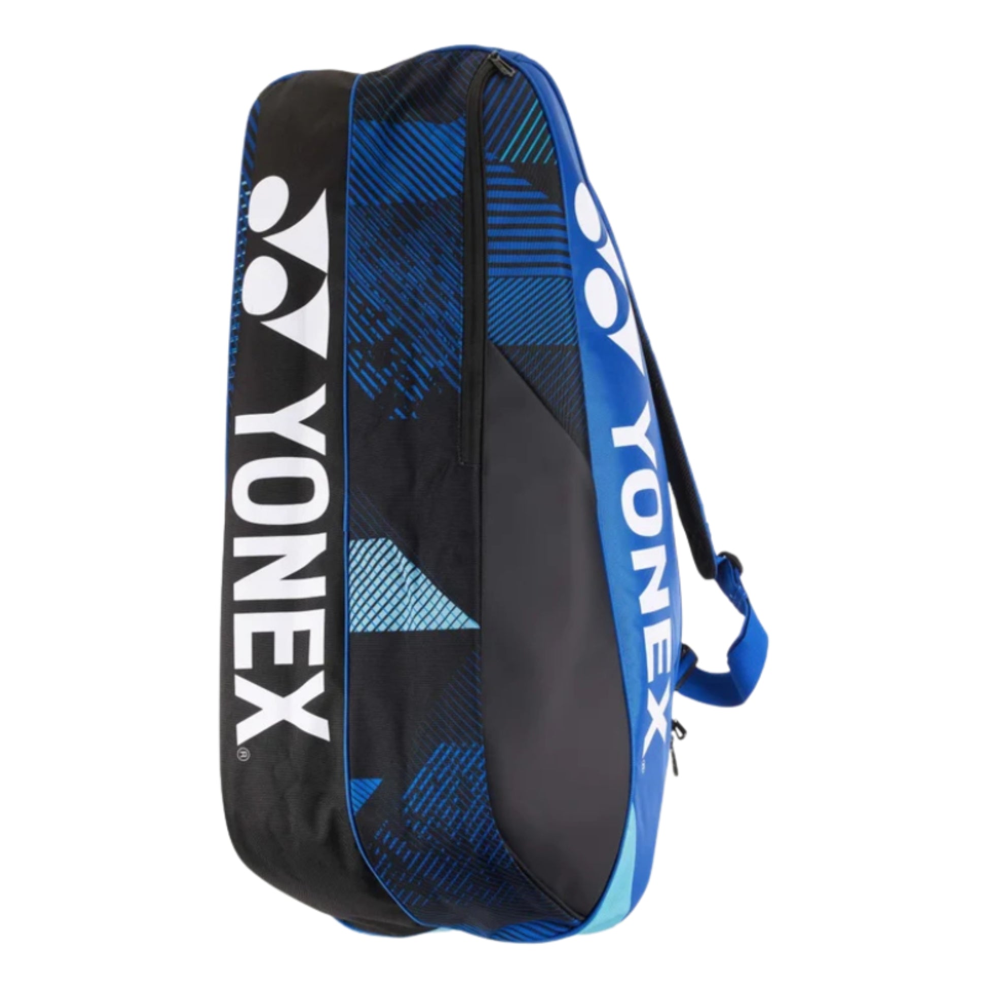 Yonex tennis bag with blue and black design on a white background