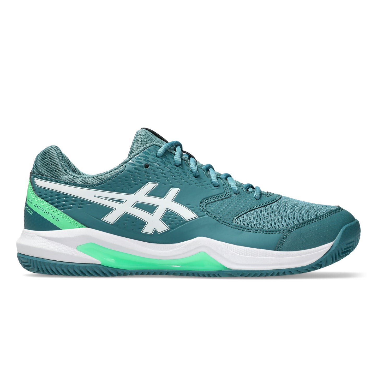 Green Asics padel shoe on a white background