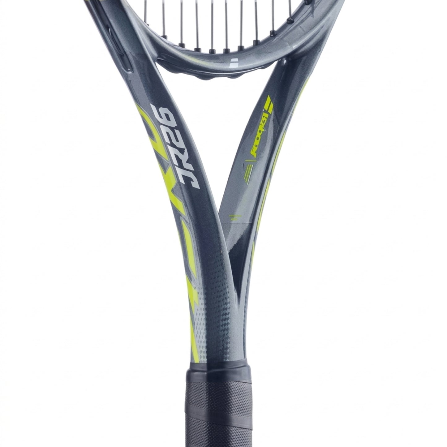 Close-up of a Babolat tennis racket with a white background