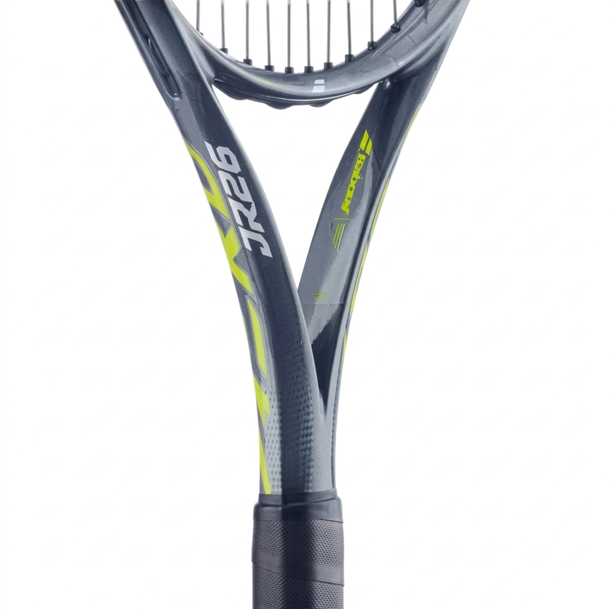 Close-up of a Babolat tennis racket with a white background
