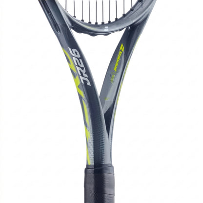 Close-up of a Babolat tennis racket with a white background