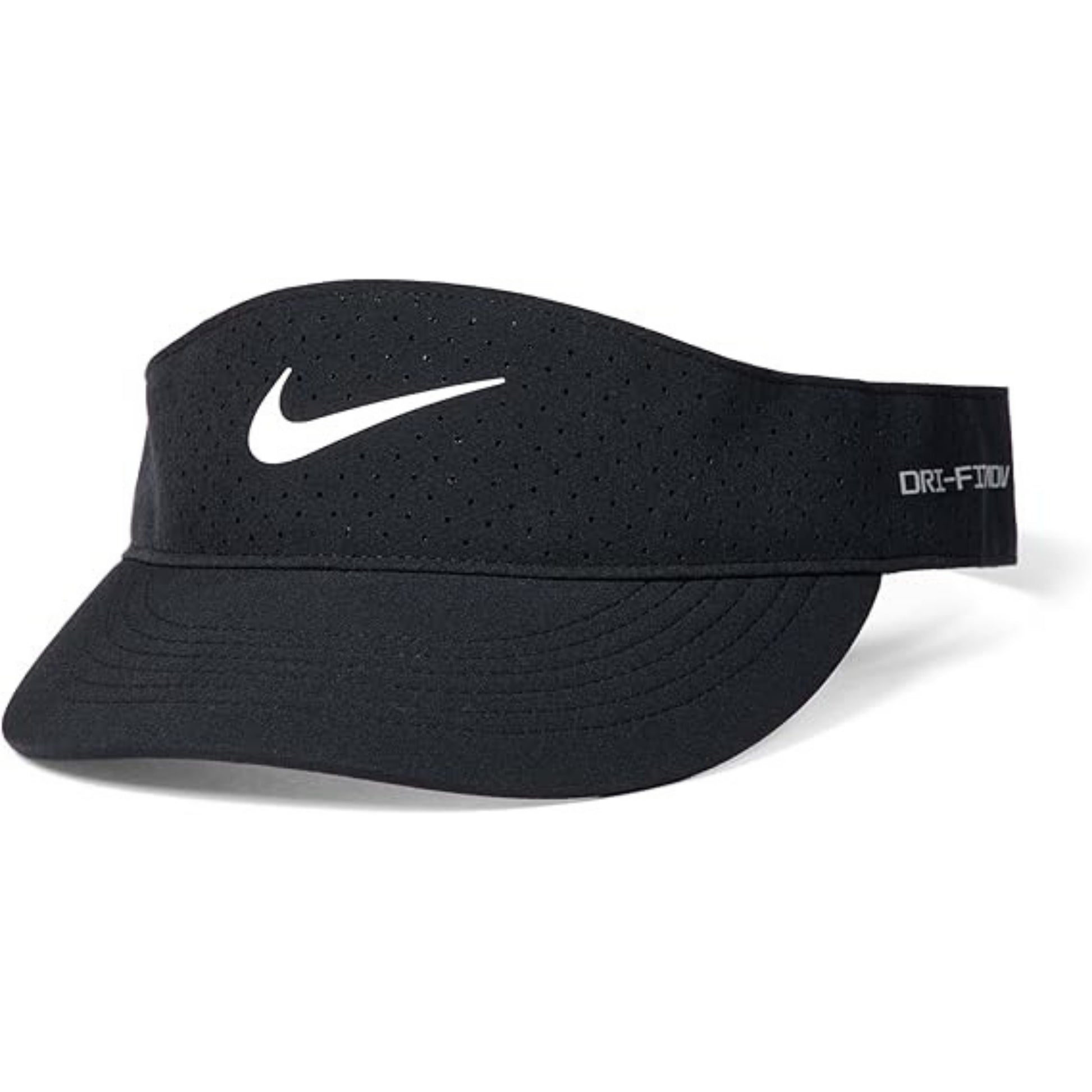 Black Nike visor with white swoosh logo on a white background