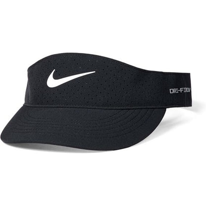 Black Nike visor with white swoosh logo on a white background