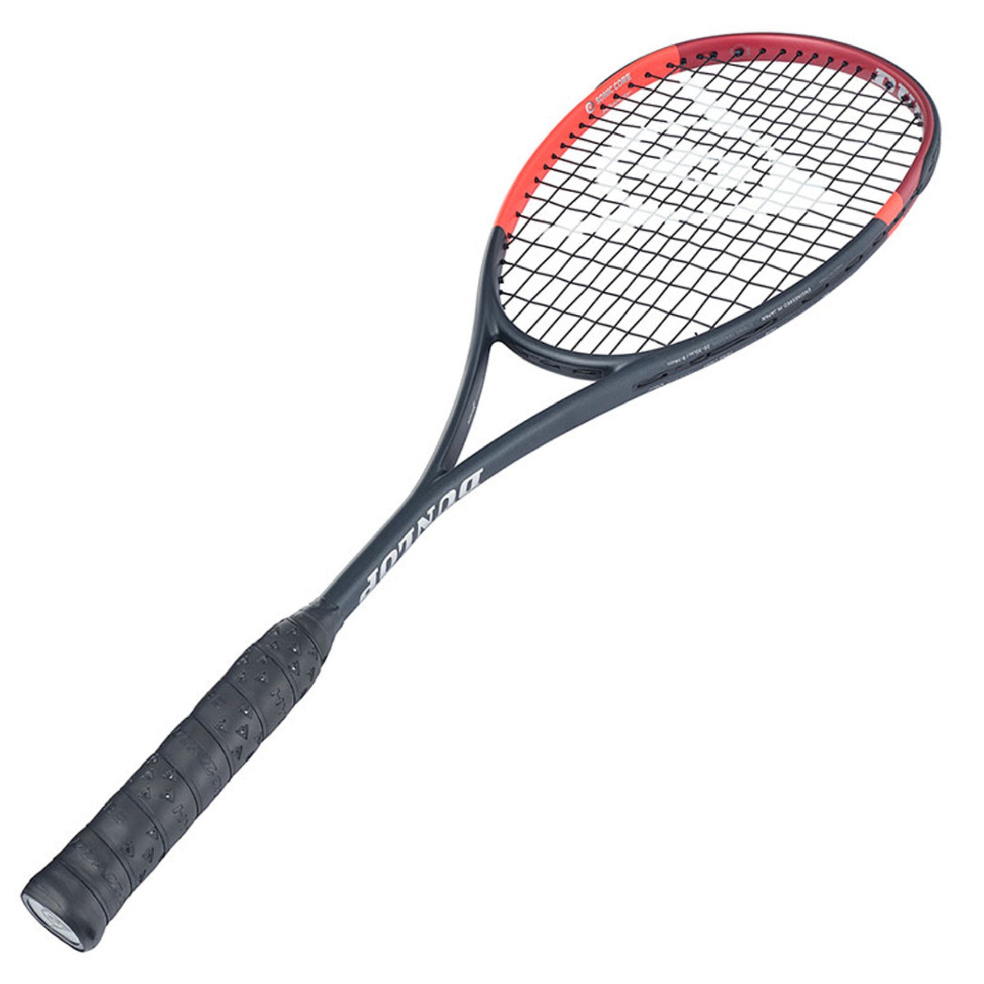 Dunlop Squash racket with red accents on a white background