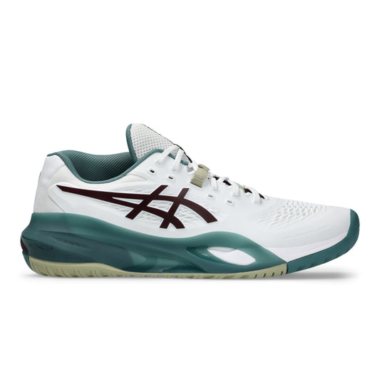 A white Asics tennis shoe with a dark teal midsole and heel, a dark burgundy logo on the side, and a light beige lace detail, shown against a plain white background.