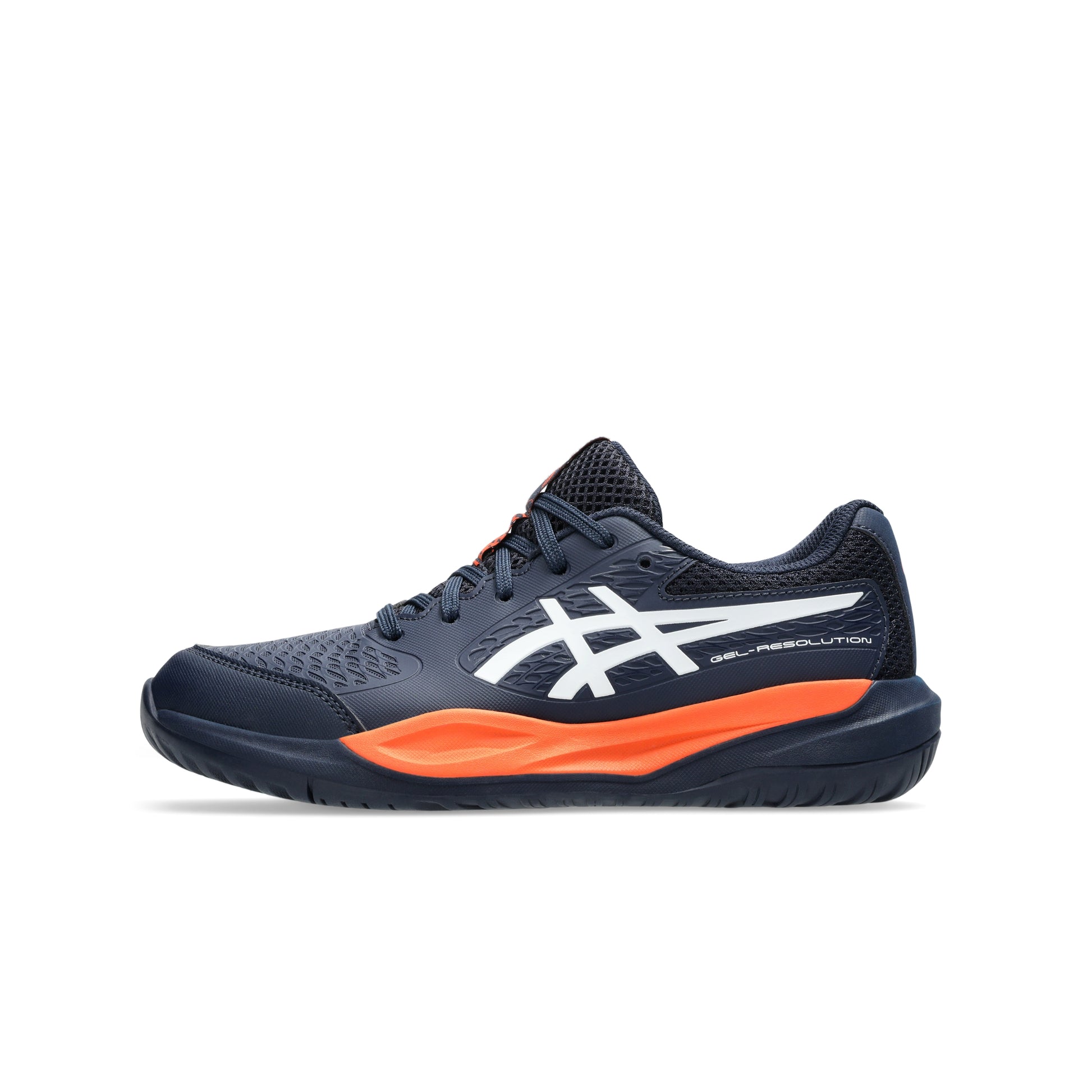 Navy and orange Asics tennis shoe on a white background