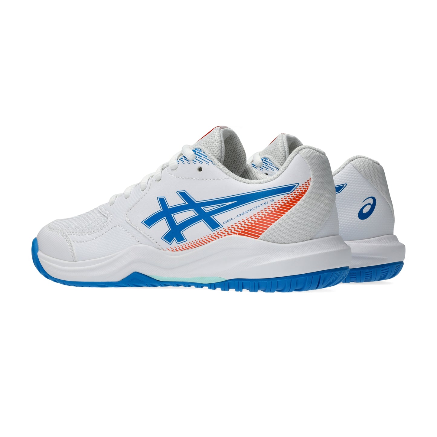 A pair of white Asics tennis shoes with blue and orange accents, shown from a three-quarters angle on a clean white background.