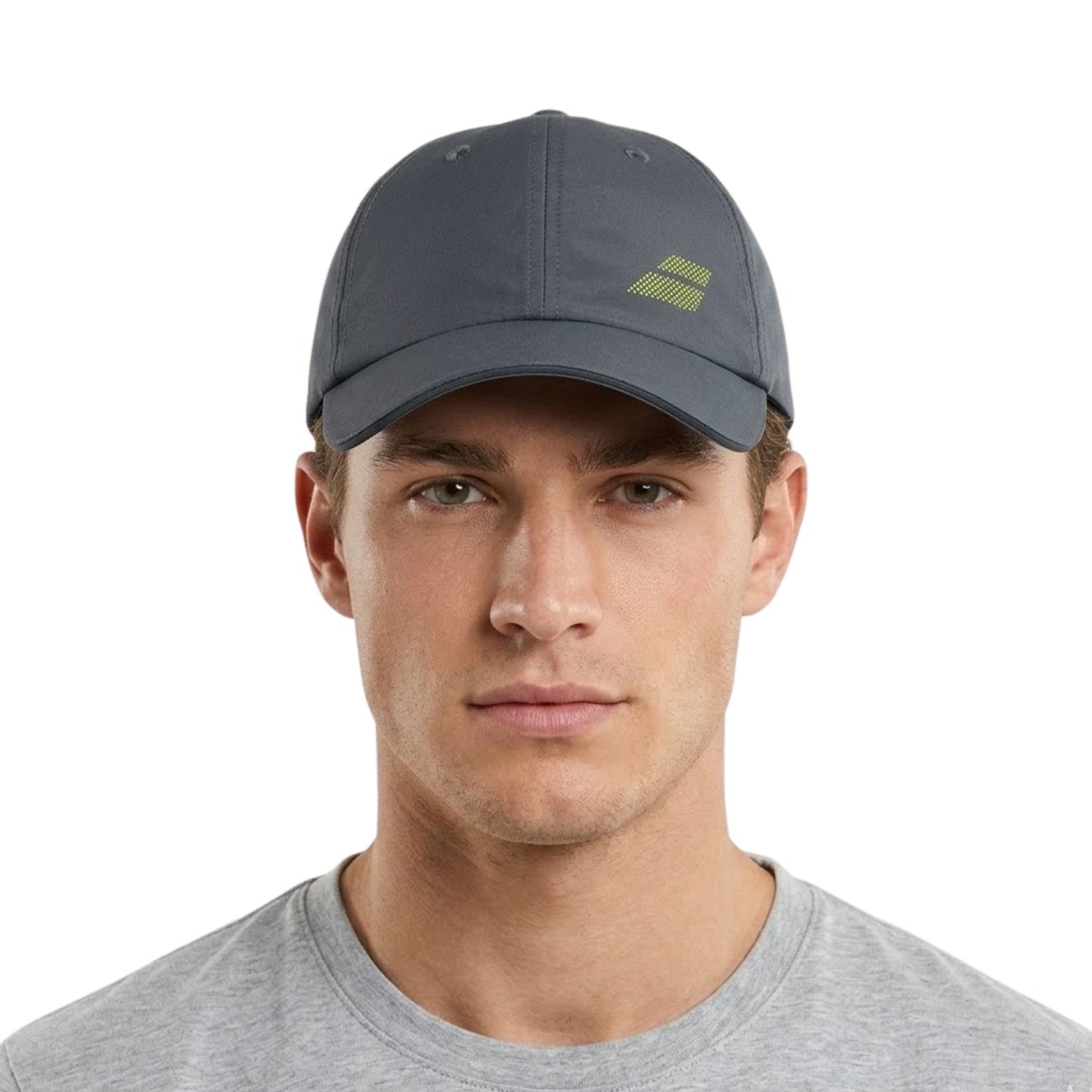 Man wearing a gray cap with a logo on a white background