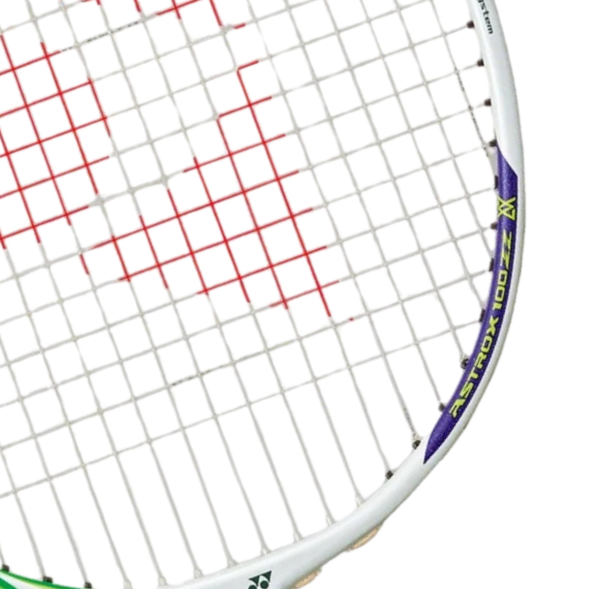 Close-up of a badminton racket with a white strings and purple frame on a white background
