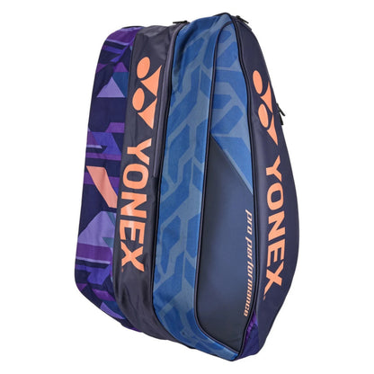 Blue and purple Yonex tennis bag with geometric pattern on a white background