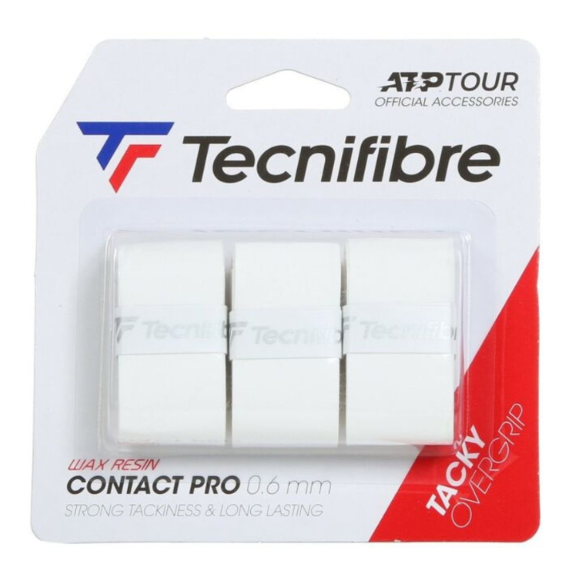 Tecnifibre tennis overgrip packaging with white overgrips inside