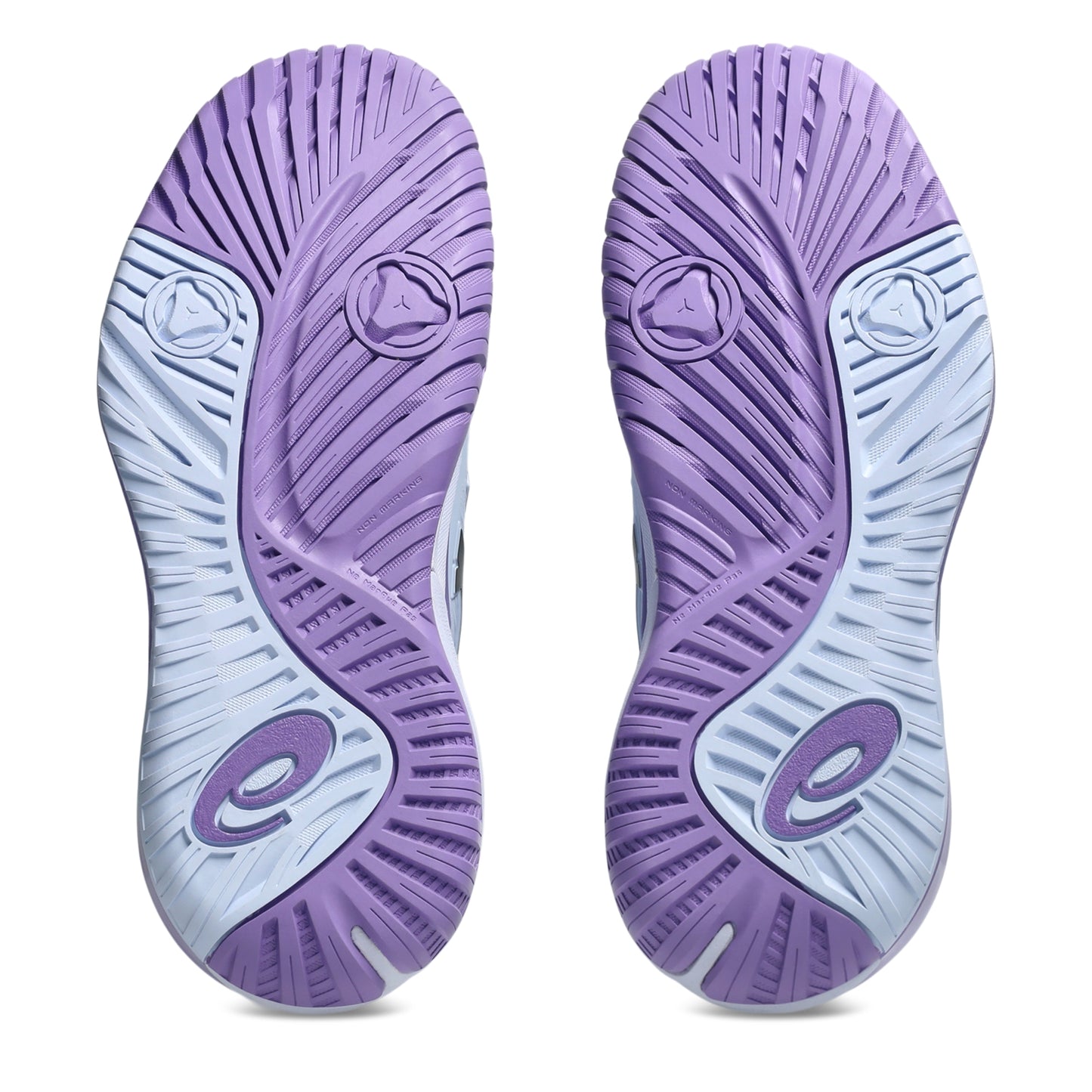 A pair of Asics tennis shoes shown from the sole view, featuring a purple and light blue tread pattern with a stylized 'e' logo near the heel.