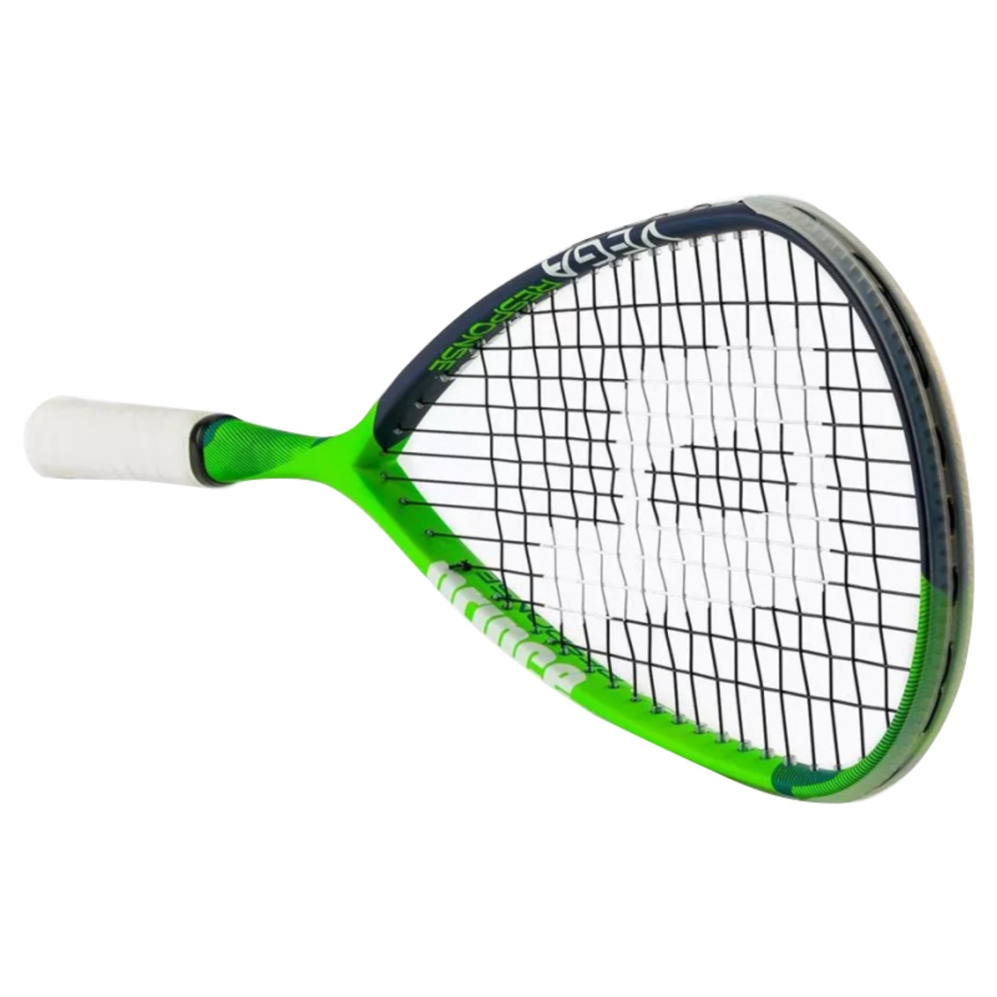 Prince Squash racket with green and blue design on a white background