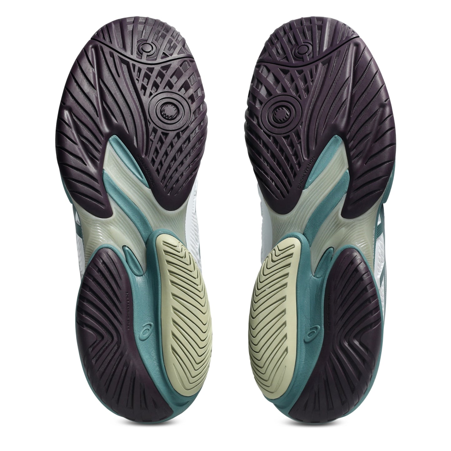 Black, and green tennis shoe sole with a tread pattern on a white background