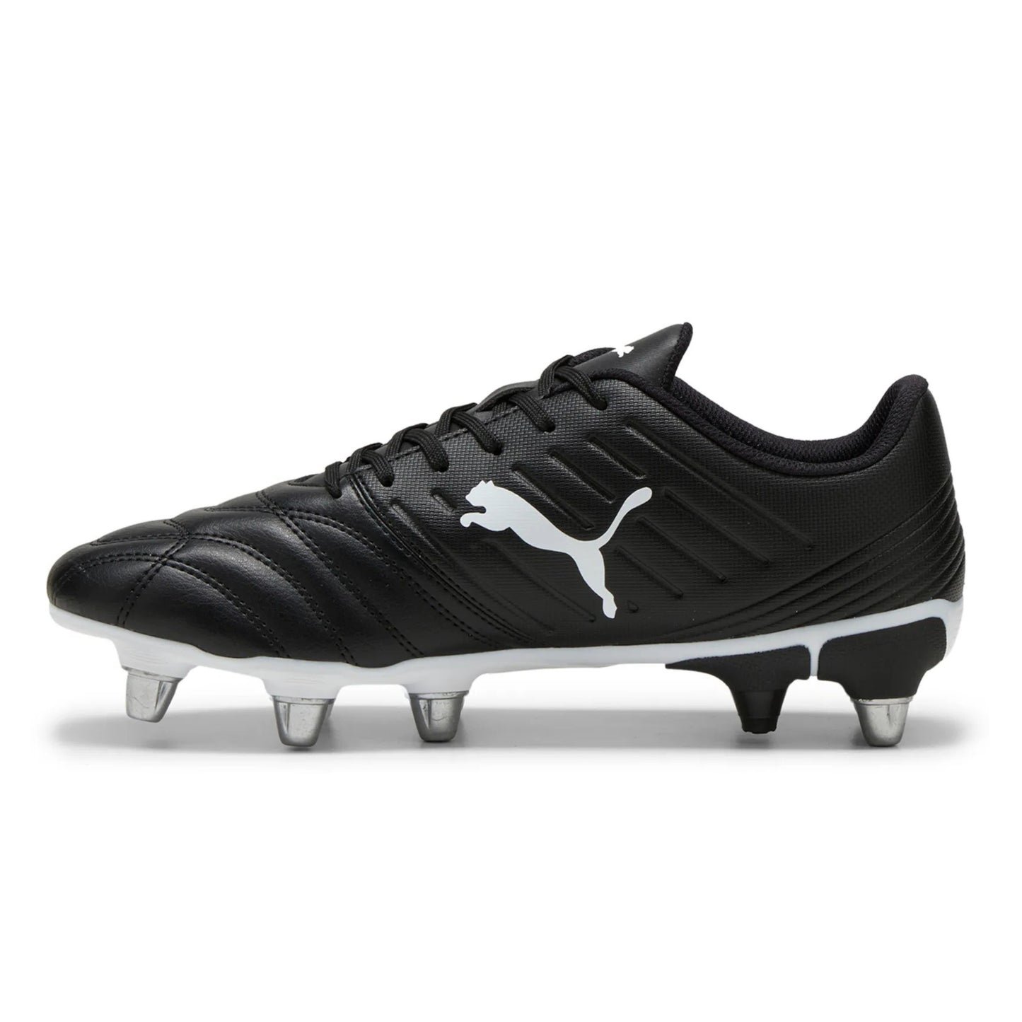 Black rugby boot with white logo on a white background