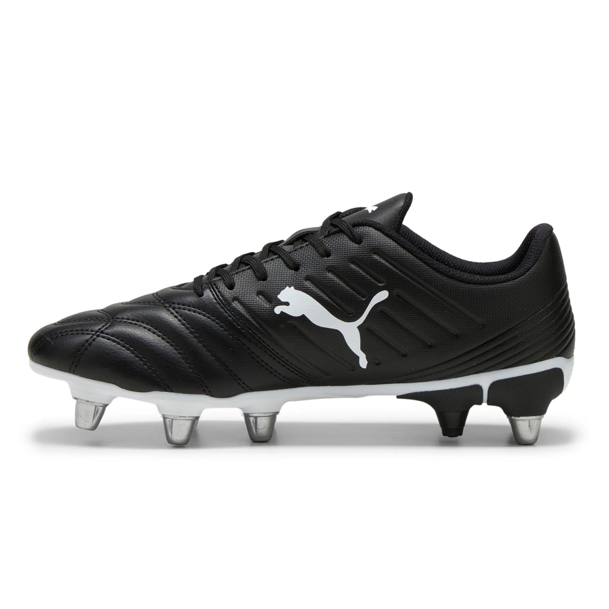 Black rugby boot with white logo on a white background