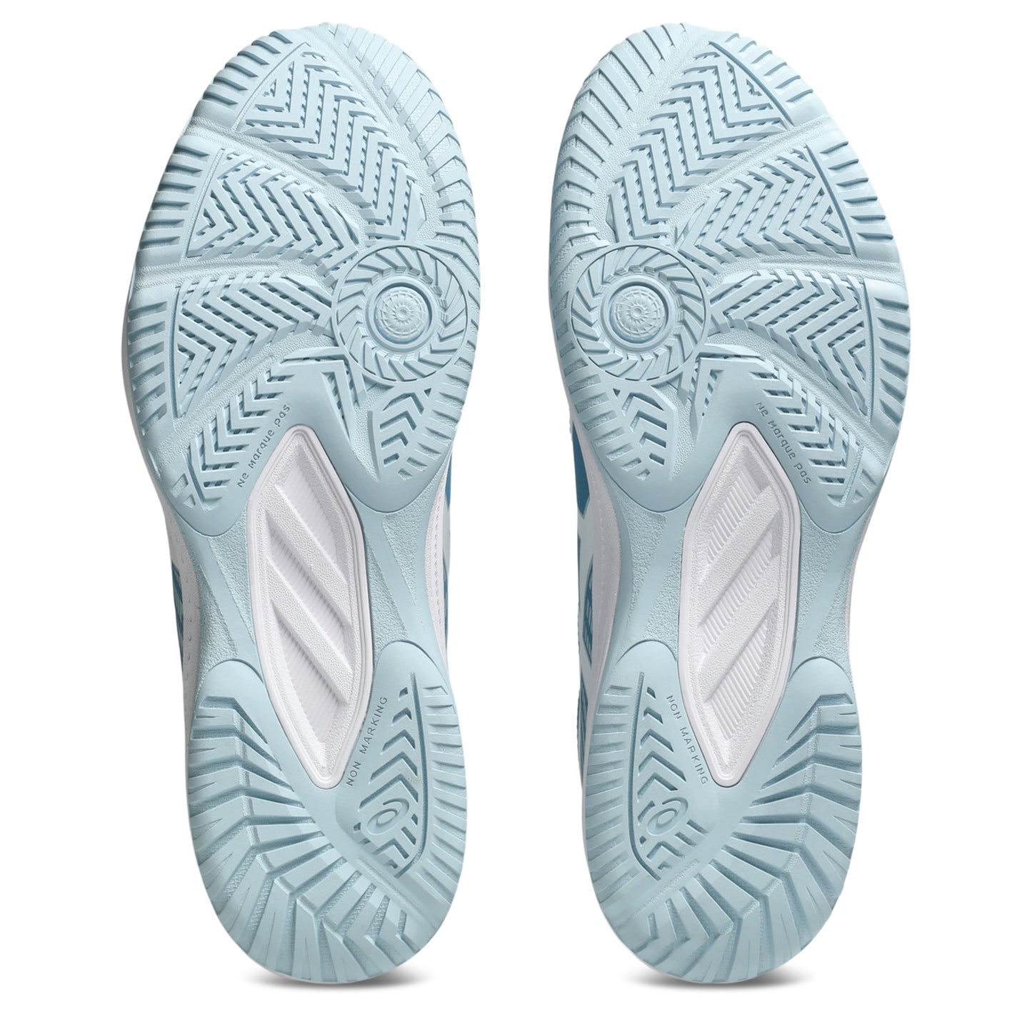Light blue athletic shoes with tread pattern on a white background
