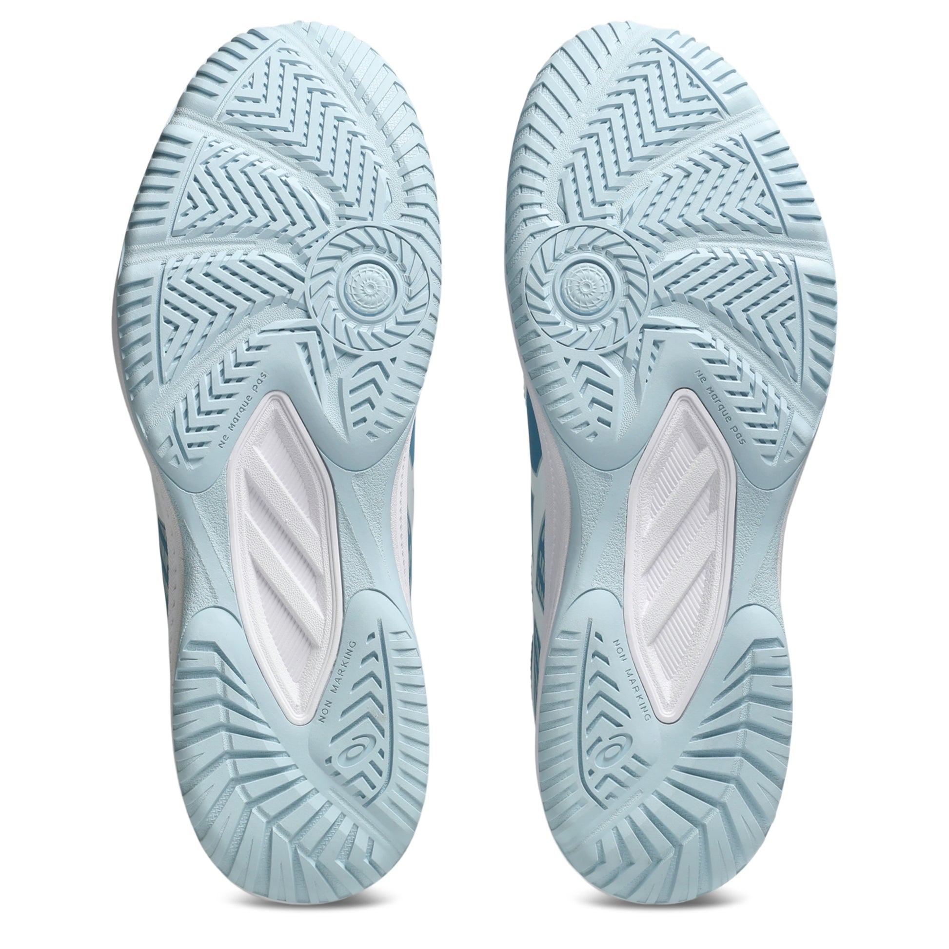 Light blue athletic shoes with tread pattern on a white background