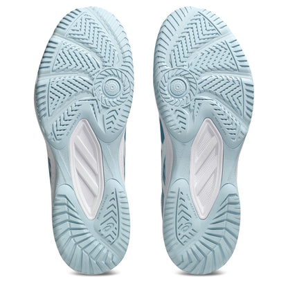 Light blue athletic shoes with tread pattern on a white background