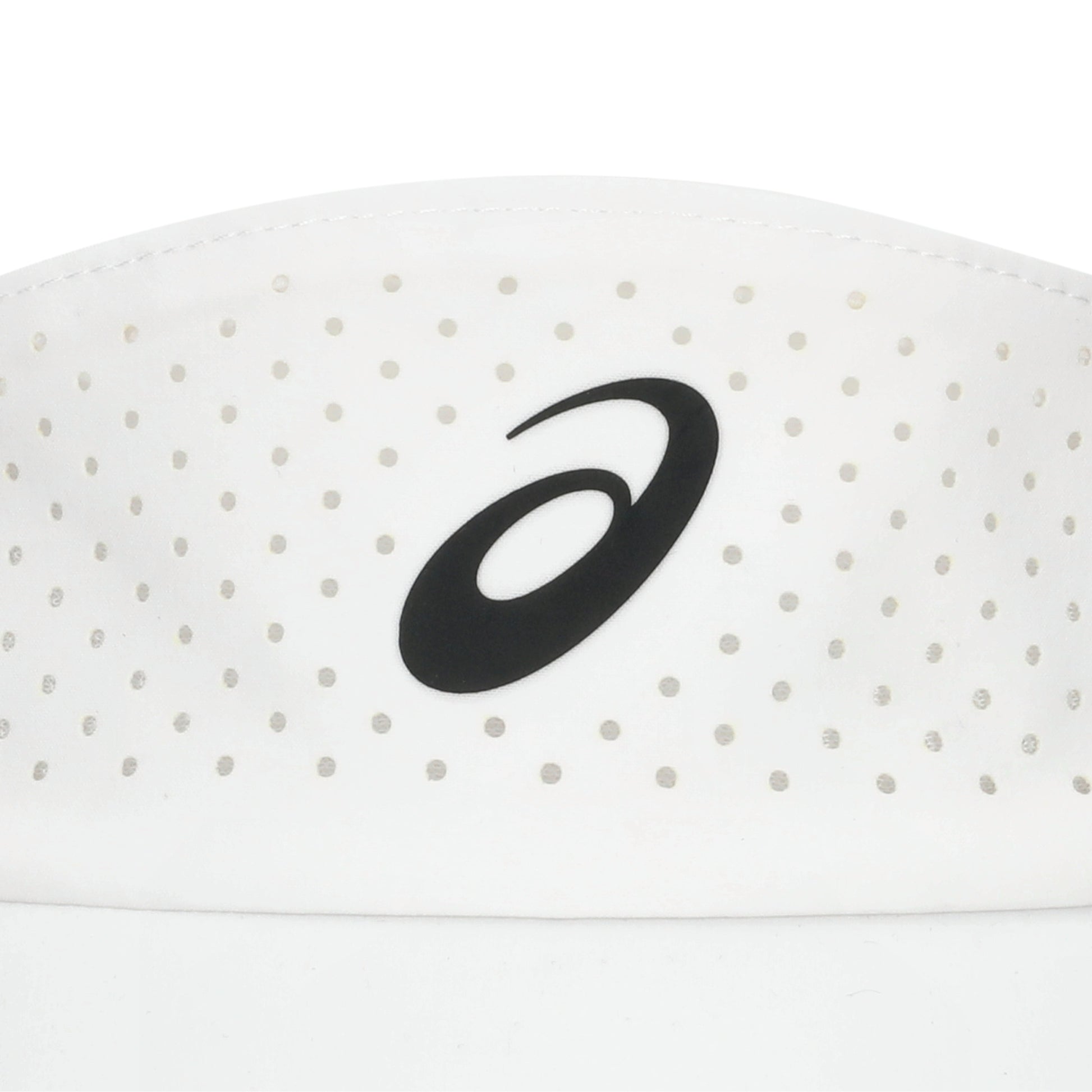 White sports visor with black Asics logo on a white background