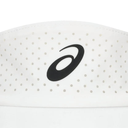 White sports visor with black Asics logo on a white background