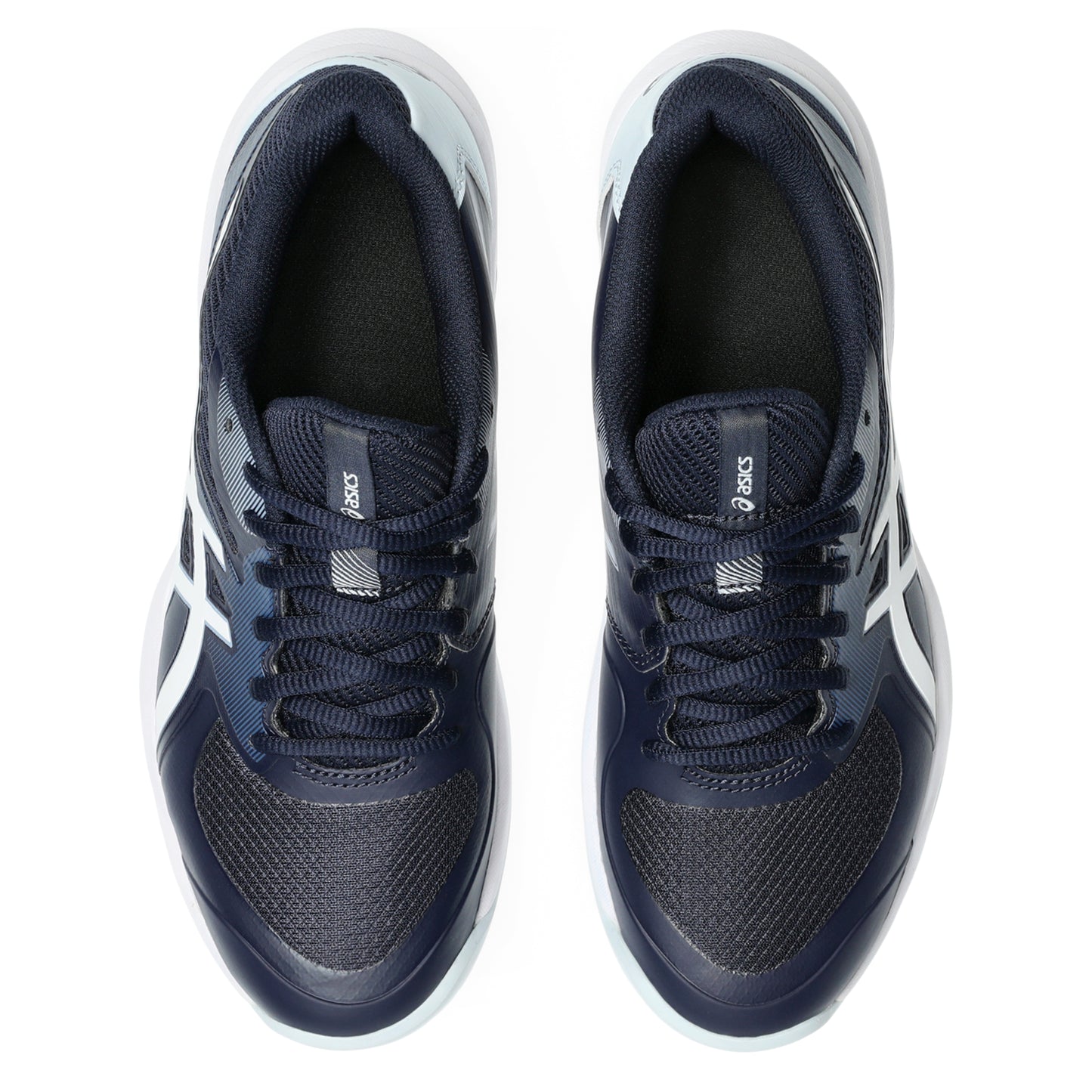 Pair of navy blue Asics tennis shoes with white accents on a white background