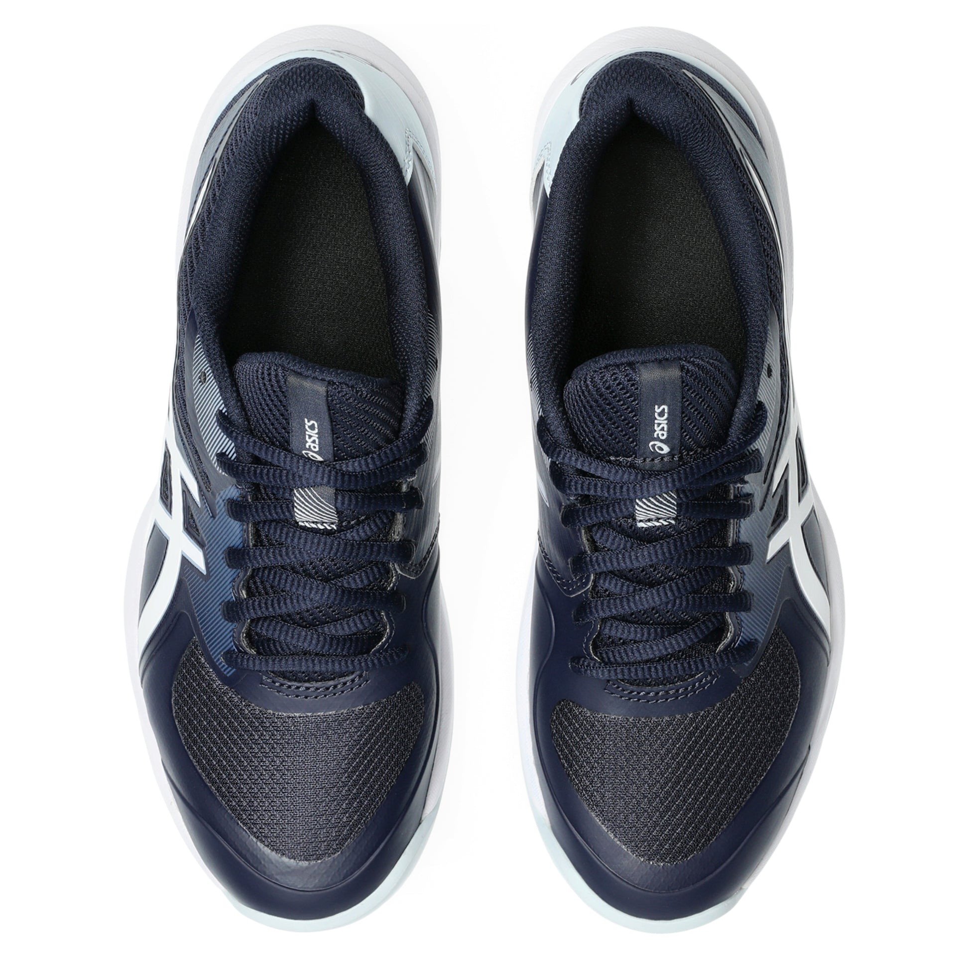 Pair of navy blue Asics tennis shoes with white accents on a white background
