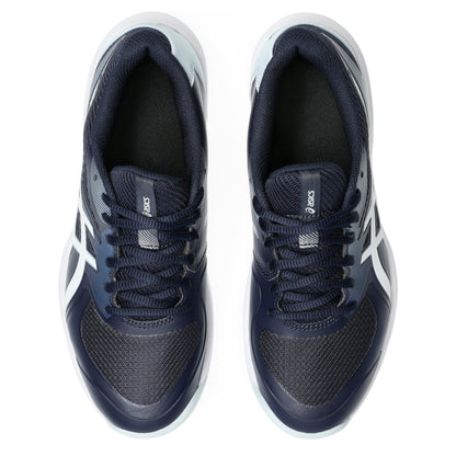 Pair of navy blue Asics tennis shoes with white accents on a white background
