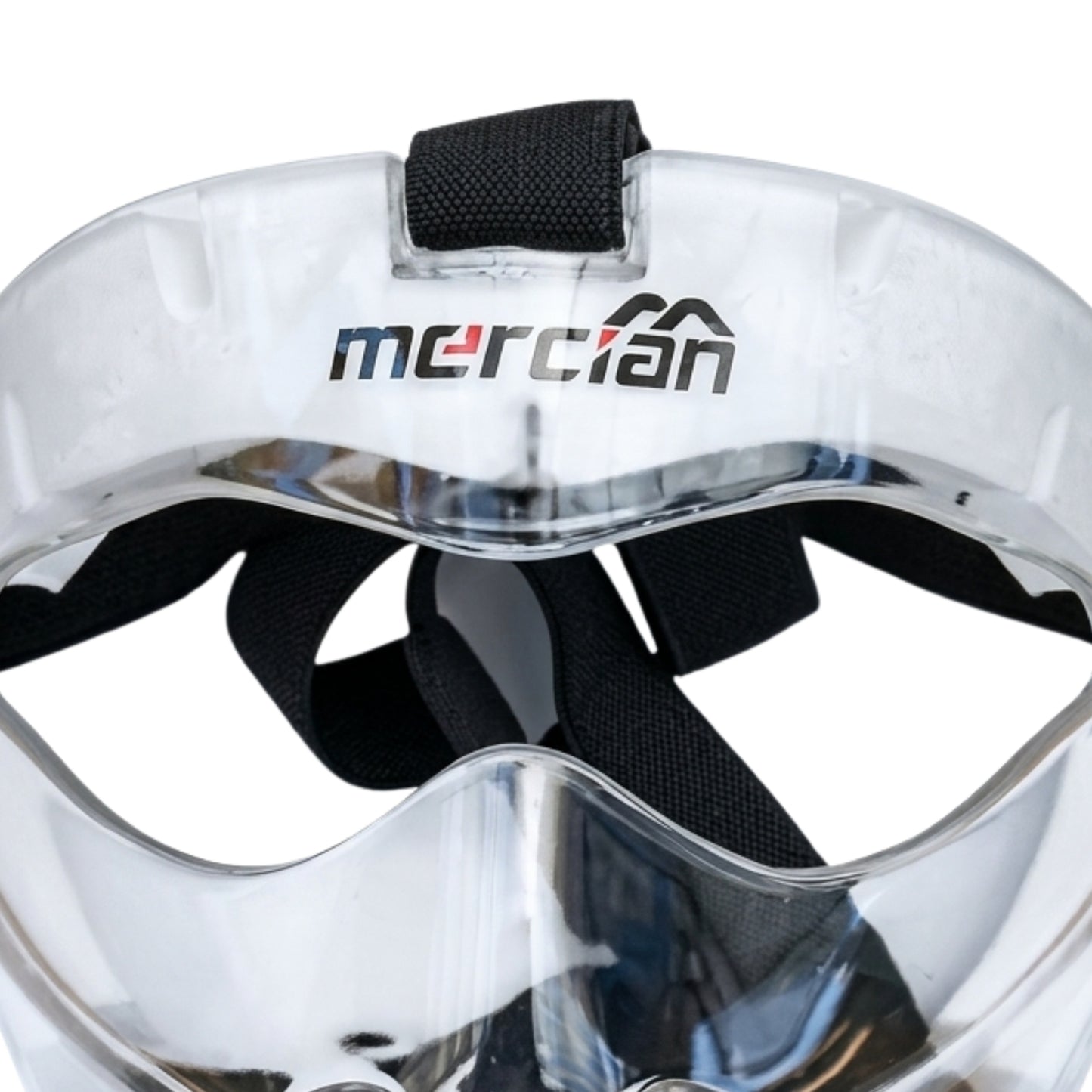 Close-up of a white protective face guard with black straps and 'mercian' branding on a white background.