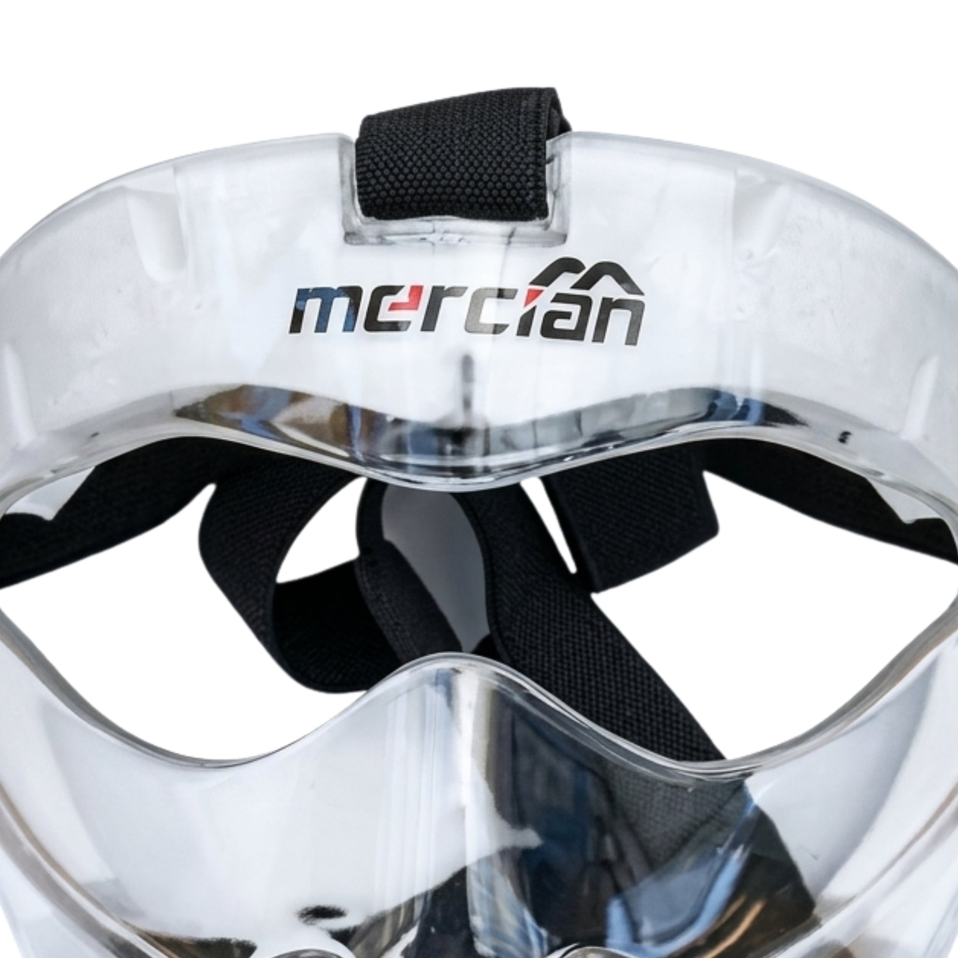 Close-up of a white protective face guard with black straps and 'mercian' branding on a white background.