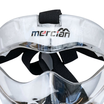 Close-up of a white protective face guard with black straps and 'mercian' branding on a white background.